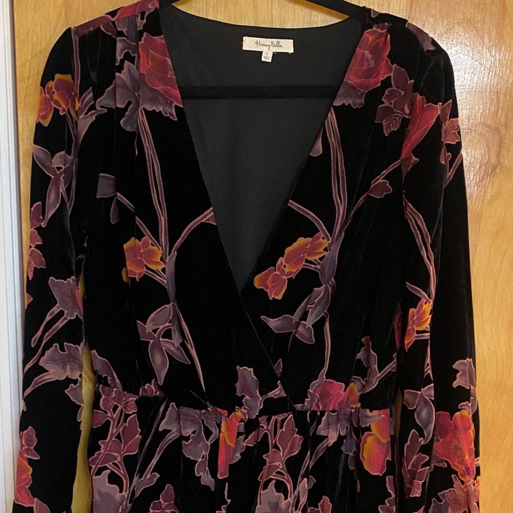 Honey Belle Black and Pink Floral Velvet Romper